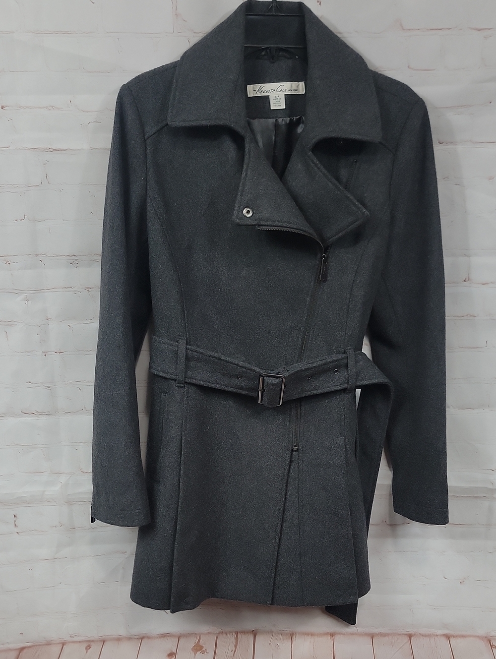 Kenneth Cole New York Dark Gray Belted Pea Coat